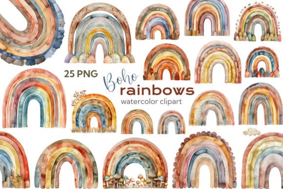 Download Boho Watercolor Rainbow Clipart Bundle - Rainbow Collection