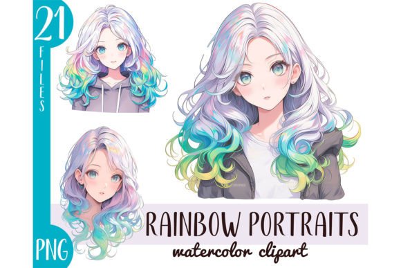 Download Watercolor Rainbow Hair Girl Anime PNG - Rainbow Collection