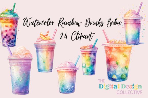 Download Watercolor Rainbow Drinks Boba Bundle - Rainbow Collection